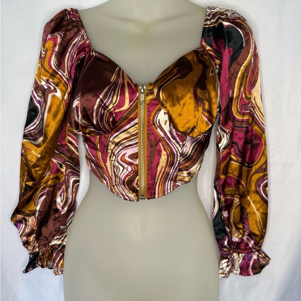 🔥 Y2K  O.L.M Satin Marble Print Corset Top – Size XS – Drama Queen Chic 🔥